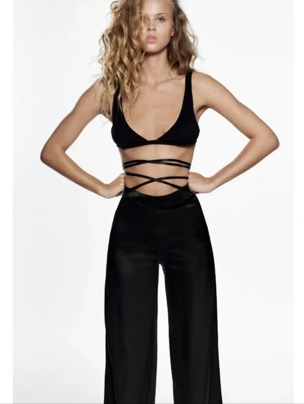 Zara BLOGGER'S FAVE High Rise Black Satin Pants With Waist Drawstring Medium NWT - Picture 2 of 13